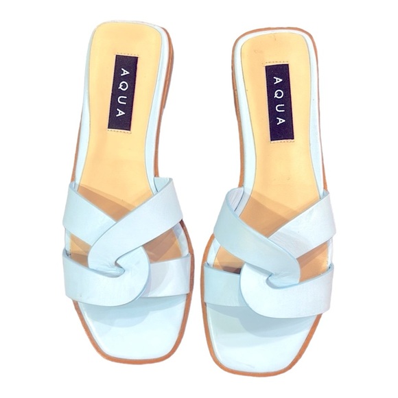 AQUA  Cross Padded Kelly Square Toe Slip on Leather Slide Sandals Ocean Blue 6 - Picture 2 of 8